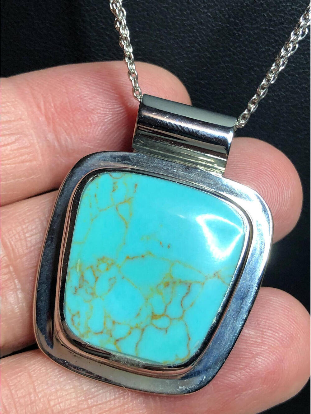 4818 Sterling Silver Turquoise Pendant18" Chain Signed ATI Mexico 925 19.5 grams